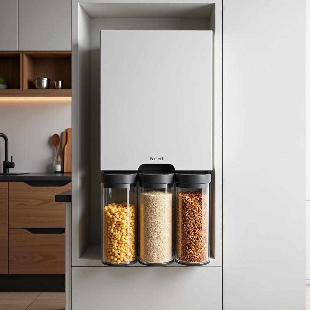 Wall-mounted dry food dispenser in a modern kitchen setting