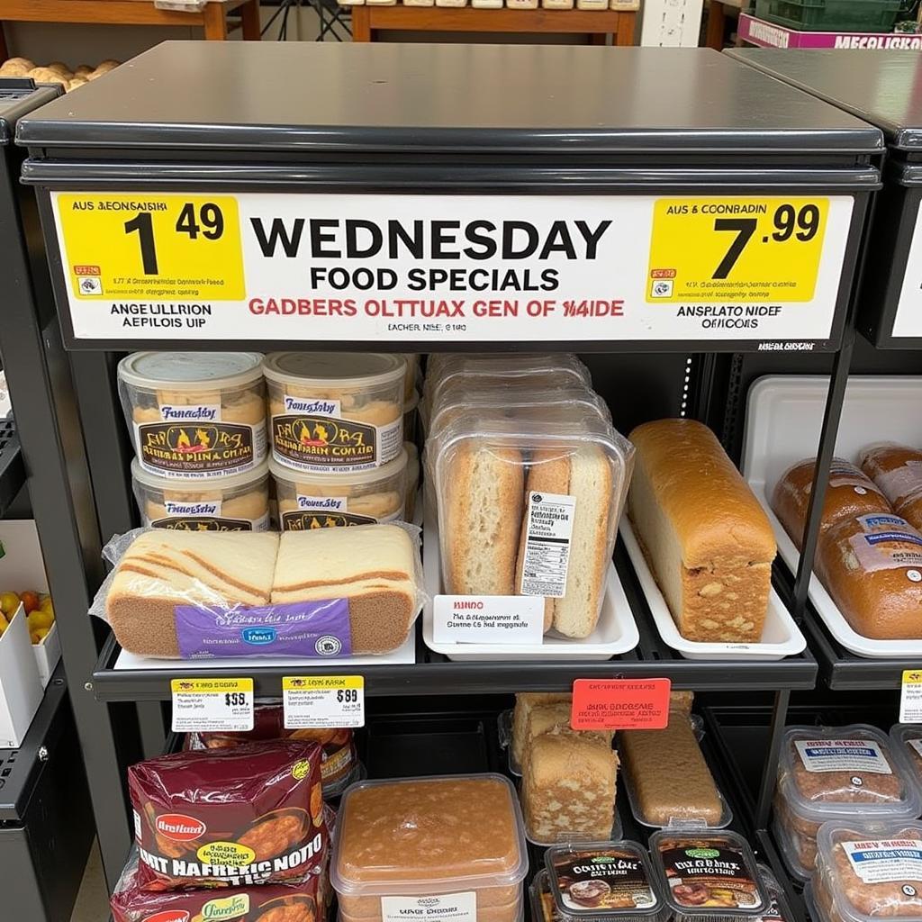 A display of Wednesday food specials at Econo Foods, highlighting discounted items like fresh baked goods, prepared meals, and other grocery staples.