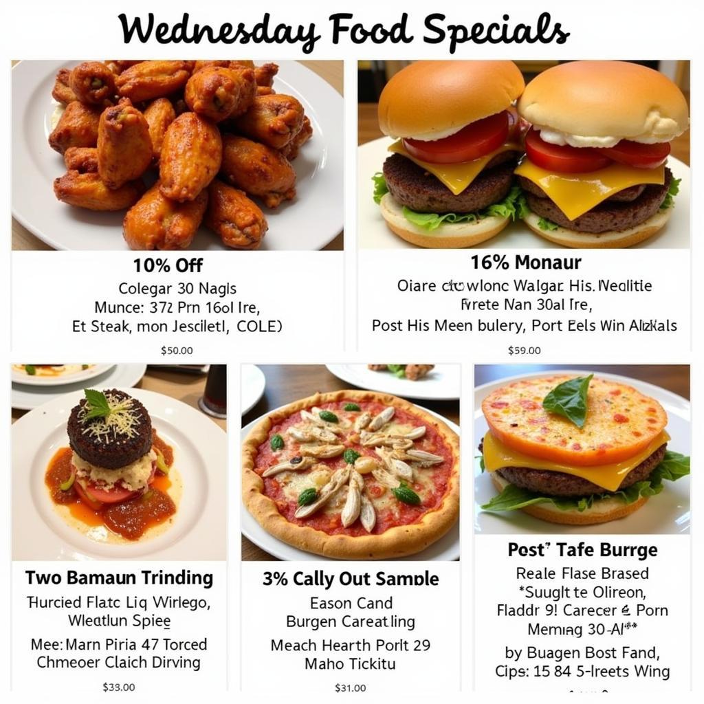 A collage of various Wednesday food specials, including discounted appetizers, two-for-one entrees, and prix fixe menus