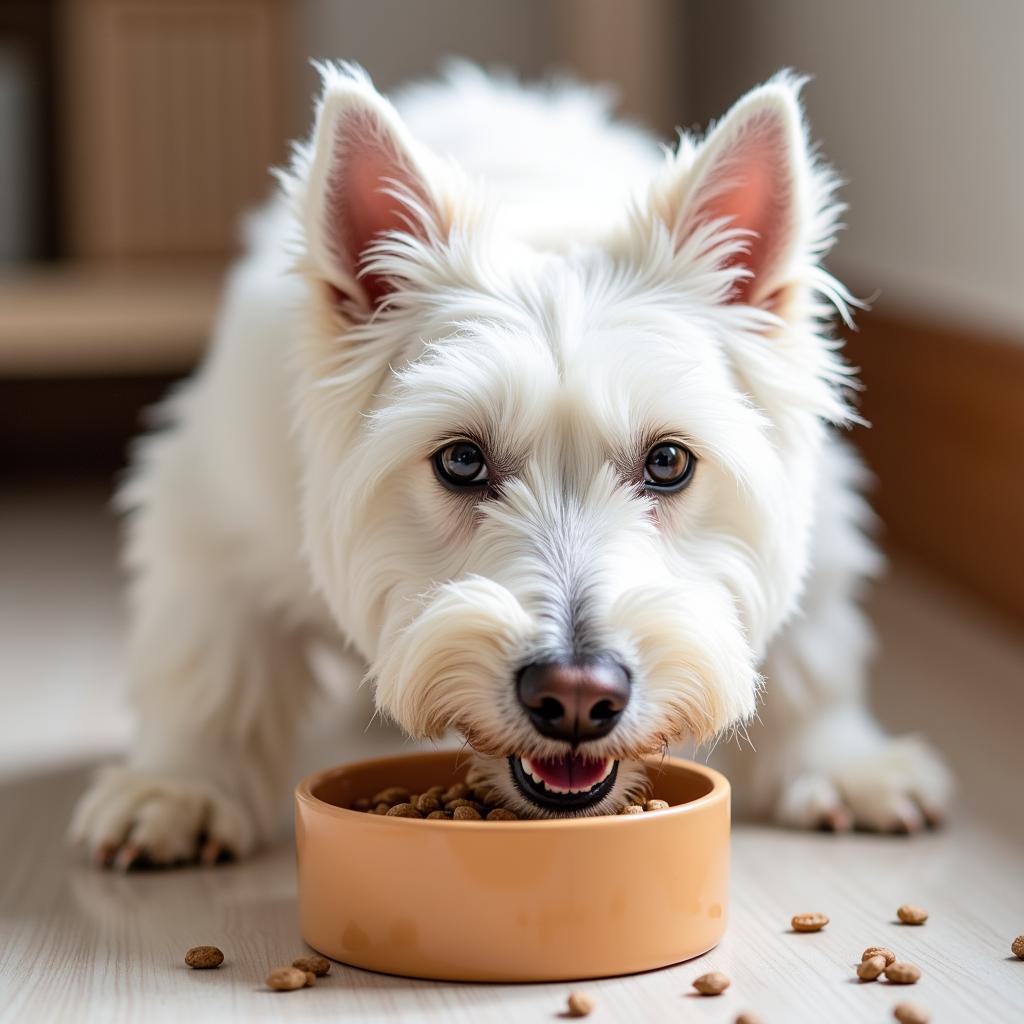 A West Highland White Terrier enjoying a bowl of kibble