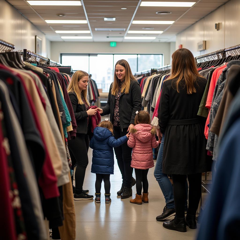 Families selecting clothing at a West Midland clothing depot