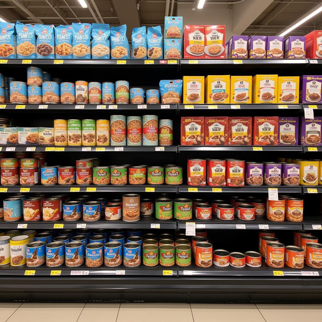 A variety of wet cat food cans and pouches displayed on a shelf.