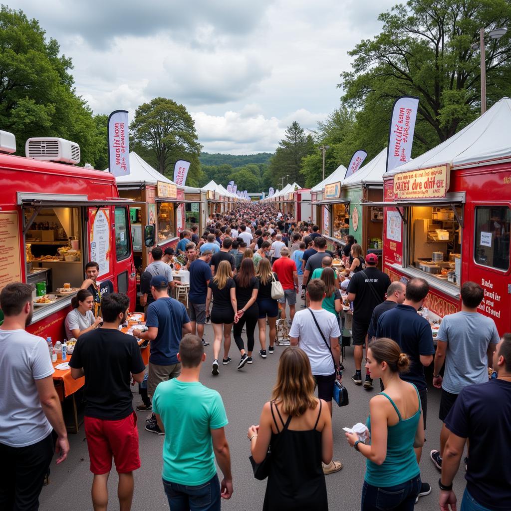 A vibrant scene of a bustling food truck event, with people lining up at various trucks and enjoying their food in a lively atmosphere.