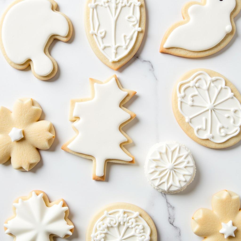 A variety of baked goods showcasing the use of Wilton white food coloring, including white chocolate decorations, sugar cookies, and marshmallows.