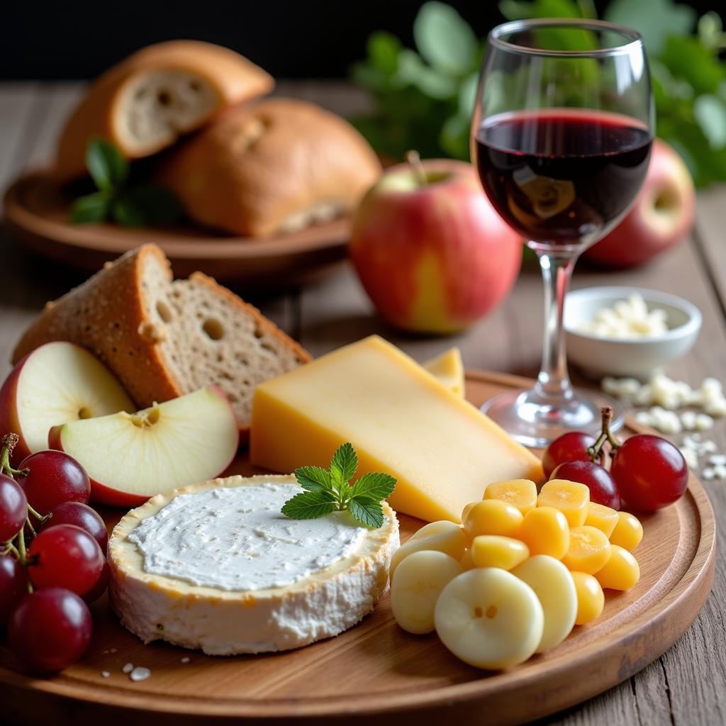 Wine and food pairing basics: a cheese board with various cheeses, fruits, and a glass of red wine.