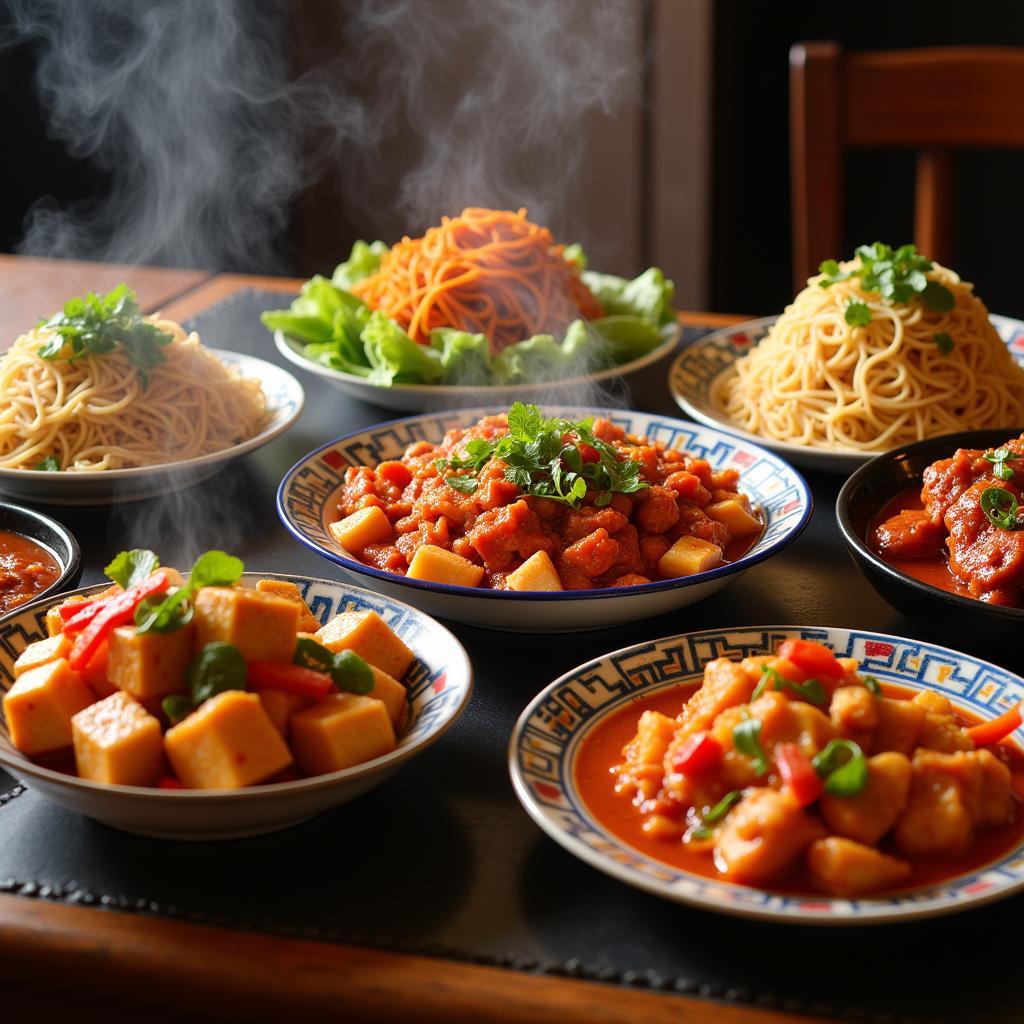 A table spread of various Sichuan dishes at a Winthrop Chinese restaurant