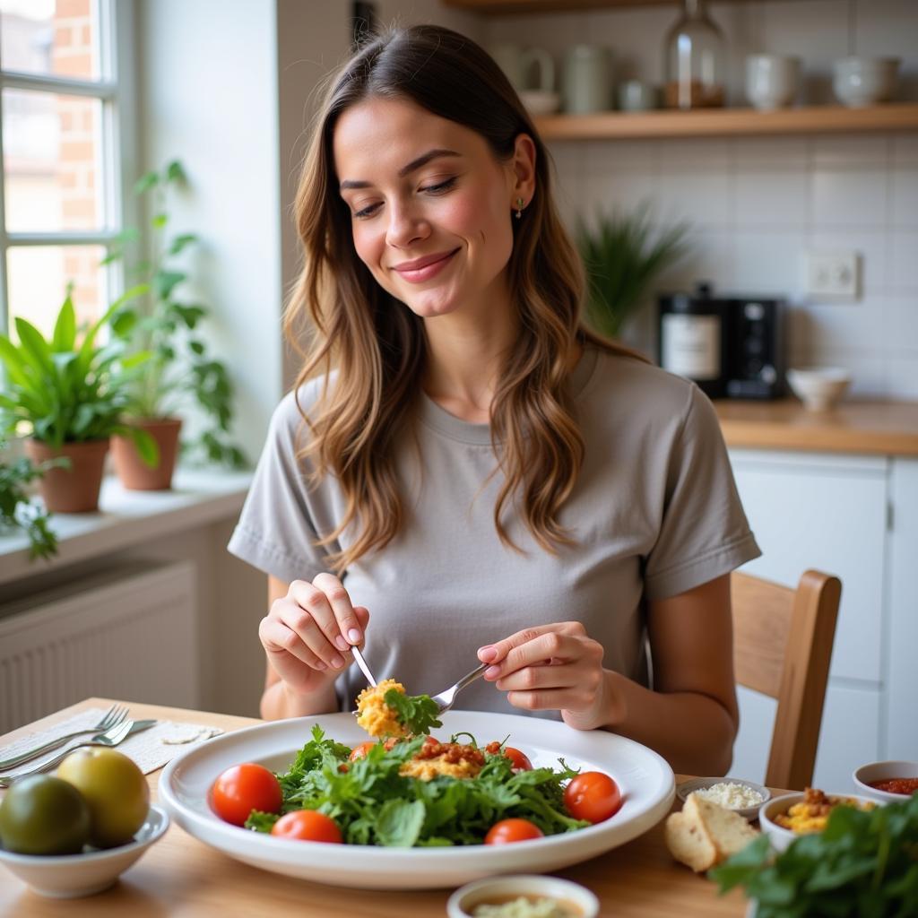 A woman smiles as she eats a delicious low FODMAP meal delivered to her door.