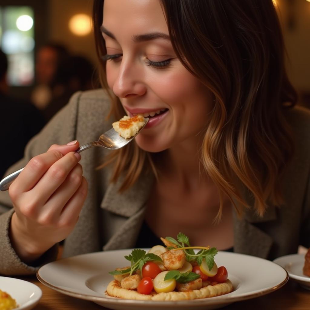 A woman savoring a dish, illustrating the concept of mindful eating and appreciating the culinary experience.