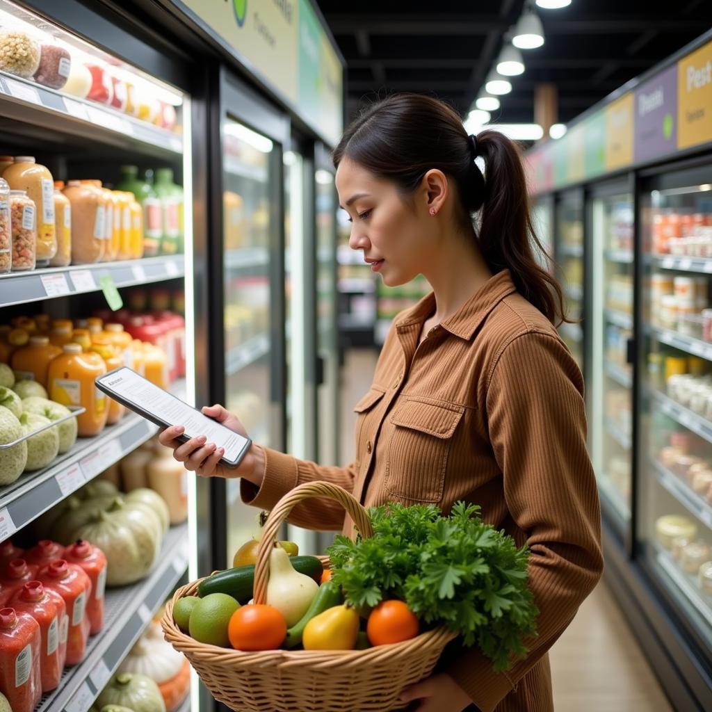 Woman Carefully Reading Food Label in Grocery Store