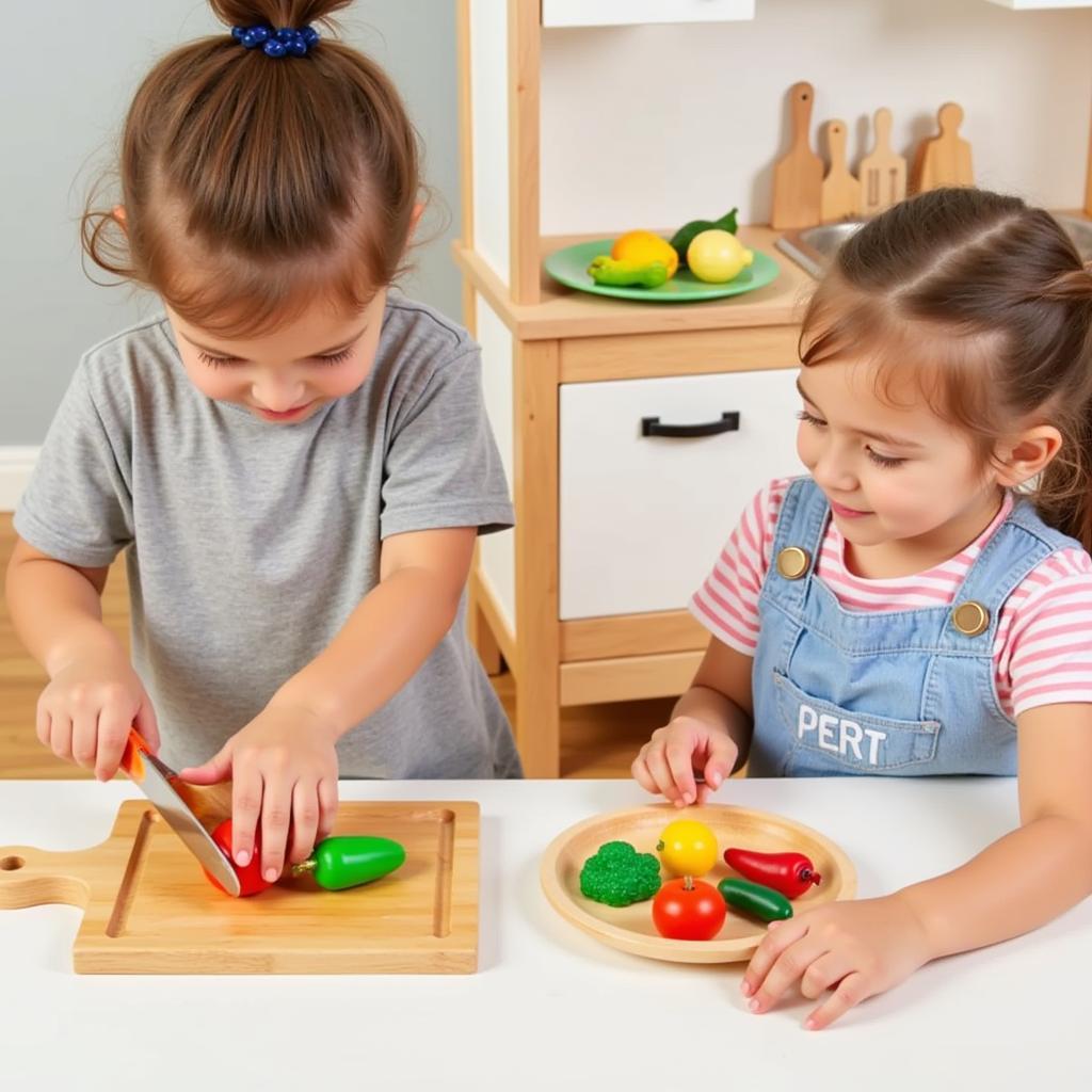 Children learning with wooden toy kitchen and food set