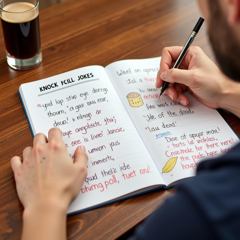 Person writing food knock knock jokes in a notebook