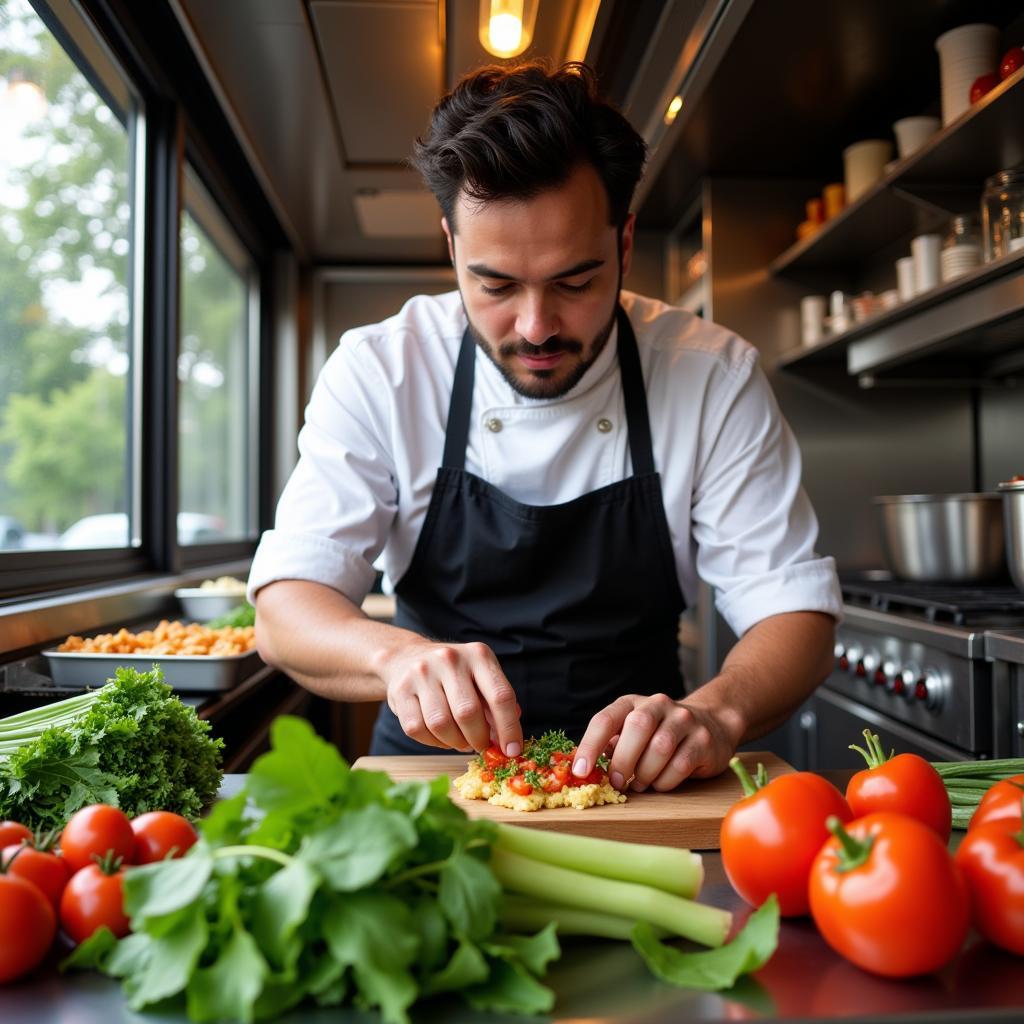 A close-up shot of a food truck chef expertly preparing a dish, emphasizing fresh ingredients and meticulous attention to detail.